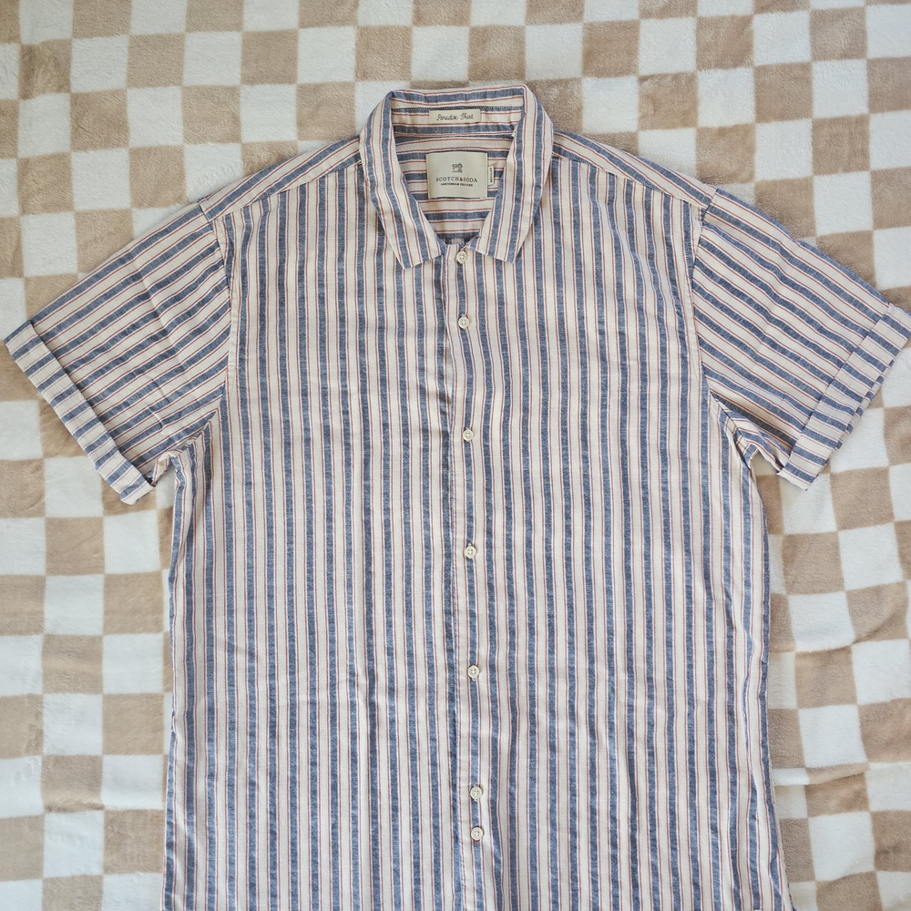 Scotch & Soda Blue and White Striped Button Down Woven Linen Shirt
